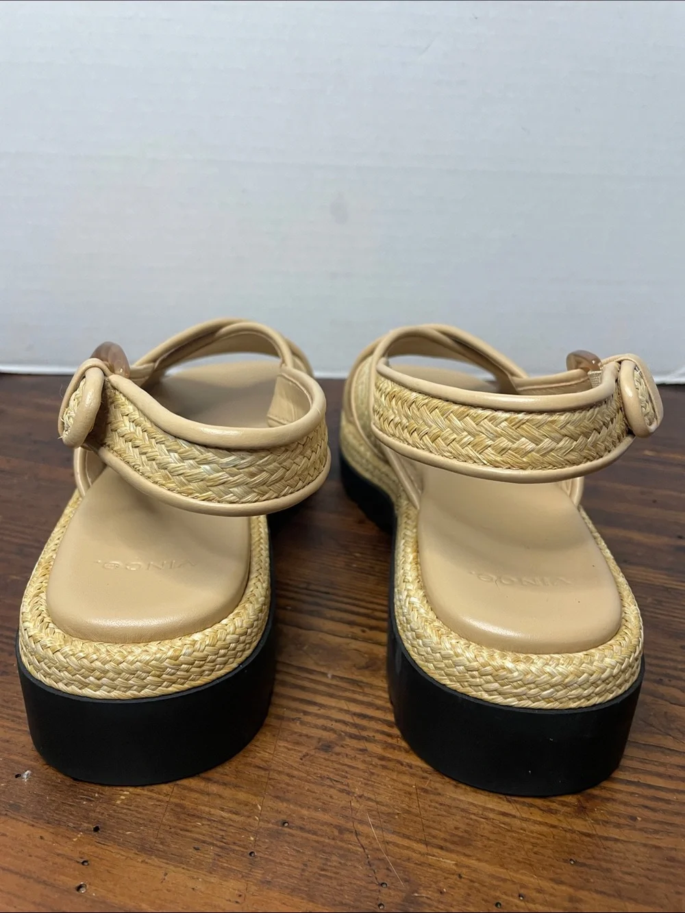 Vince Beige Woven Raffia Slingback Sandals with Black Lug Sole